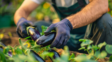 farmer harvests eggplant close-up