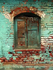 An antique turquoise door set within a weathered brick archway, standing as a sentinel to history's passage.