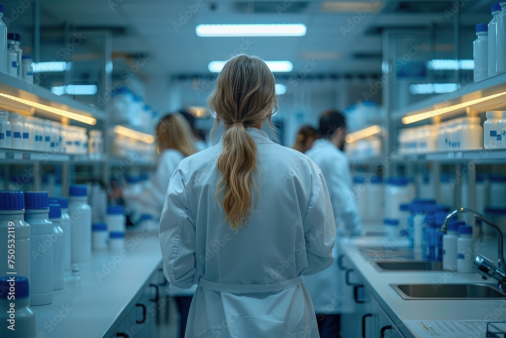 Poster scientists in lab coats working at pharmaceutical quality control laboratory. generative ai.