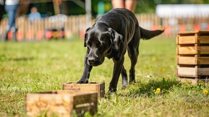 A photo of a black Labrador Retriever dog sniffing wooden crates in search of substances. Nosework competitions. Training a dog's sense of smell on objects