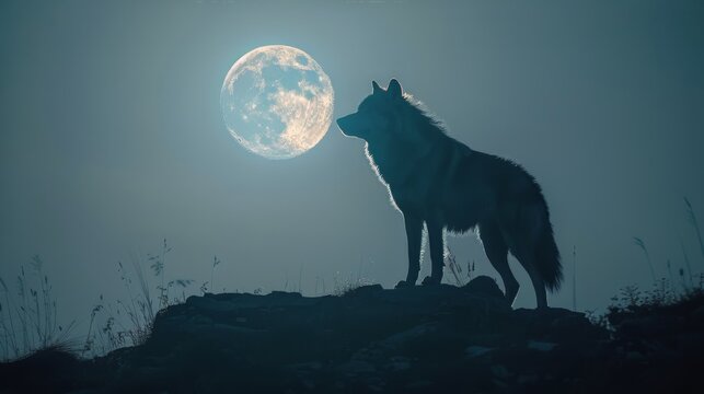 Wolf Standing on Rock in Front of Full Moon