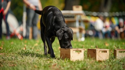 A photo of a black Labrador Retriever dog sniffing wooden crates in search of substances. Nosework competitions. Training a dog's sense of smell on objects