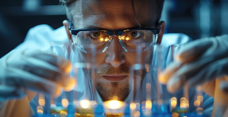 Laboratory specialist with test tube on dark background. Generative AI. - obrazy, fototapety, plakaty
