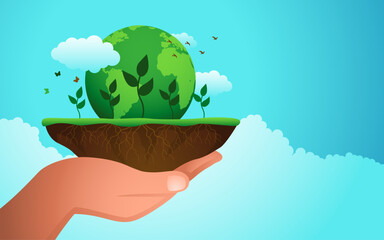 Hand holding a clump of soil with a young tree and planet Earth above it, a symbol of environmental consciousness, portraying the vision of a sustainable Earth through reforestation
