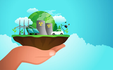 Hand holding a clump of soil with eco friendly green energy icon. Combines symbols of wind power, nuclear energy, and solar panels, representing a harmonious synergy towards sustainable solutions