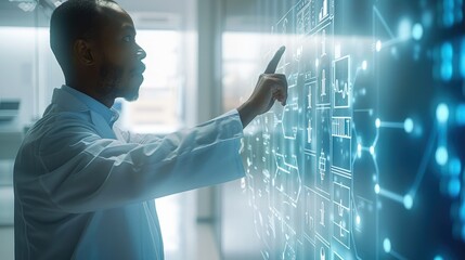 Healthcare professional wearing a lab coat, gesturing towards AI-powered health analytics on a...