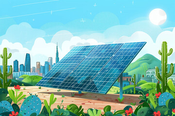 A global environment with a solar panel prominently displayed under a clear blue sky. Renewable energy and sustainability concept
