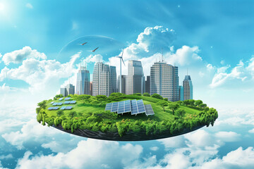 A vibrant illustration of Earth showcasing a solar power plant alongside a thriving city on its surface. Renewable energy and sustainable city life concept
