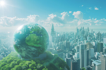 A detailed illustration of Earth surrounded by buildings, structures, and trees in a harmonious balance. Urbanization and environmental sustainability concept
