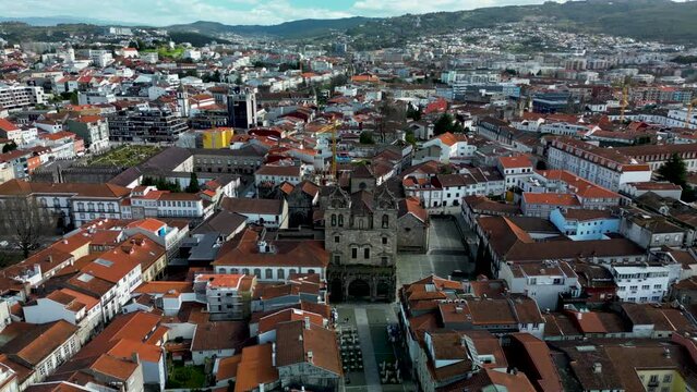 Aerial shot of the beautiful, medieval town of Braga, Portugal. 