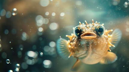 Fototapeta na wymiar A close up of a puffer fish in an aquarium 