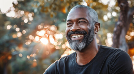 Mature, man and portrait of a male laughing in a park for peace, contentment and vitality. Happy, smiling and african person radiating positivity outdoors for peace, happiness and exploration
