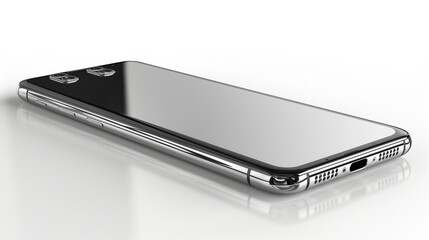 Smartphone's polished design features a dual-camera system and is presented on a glossy white surface, reflecting its state-of-the-art capabilities