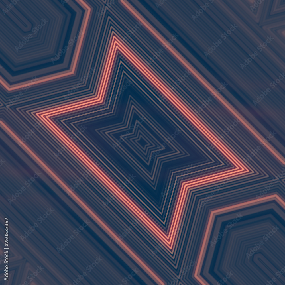 Poster 3d rendering digital illustration with burning geometric light pattern of orange lines on dark blue 