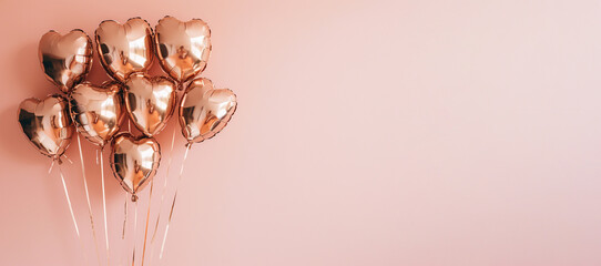 Valentine's Day. Set of balloons. A pile of pink foil balloons in the shape of a heart, isolated on a delicate pink background. Suitable for wedding anniversary, birthday celebration. Banner