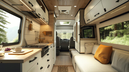 Fototapeta premium Inside a modern camper van, the cozy interior is fully equipped for a life on the road, featuring a comfortable bed, kitchen, and a view of the forest.