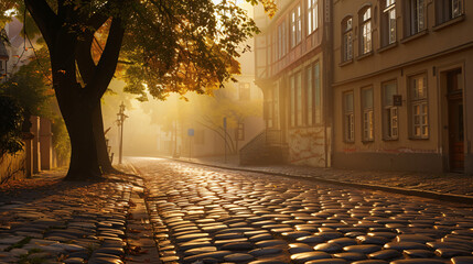 A cobblestone street with a tree and buildings