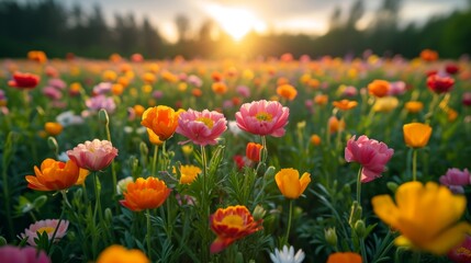 spring summer background with bright beautiful flowers
