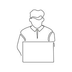 Man work on laptop, continuous one line drawing. Learning or business on computer online. Simple single minimalism outline style. Vector