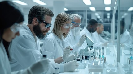 Team of scientists and researchers collaborating in a modern laboratory, discussing over microscopes and test tubes. Generative AI.