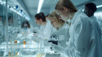 Team of scientists and researchers collaborating in a modern laboratory, discussing over microscopes and test tubes. Generative AI.