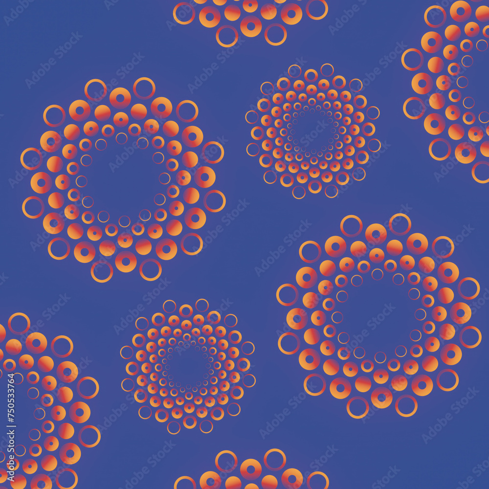 Poster Blue background with a pattern of red-orange circles. 3d rendering digital illustration