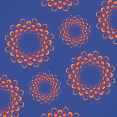 Blue background with a pattern of red-orange circles. 3d rendering digital illustration