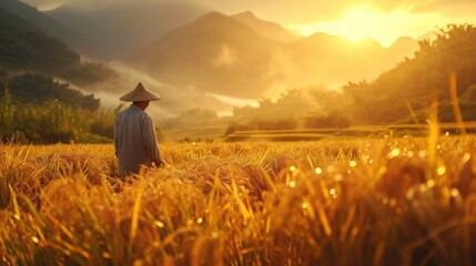 farmer in wheat field,  a Chinese farmer, in the harvest season, happy, real, vista, small figures, natural light