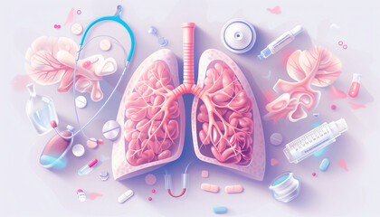 A realistic illustration depicts the concept of pneumonia affecting human lungs with detailed inflammation and infection. Medical education and awareness concept
