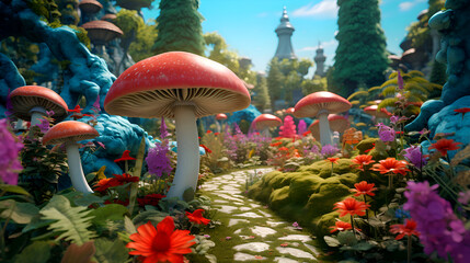 Fantasy garden with mushrooms and flowers. Colorful fantasy garden. - obrazy, fototapety, plakaty