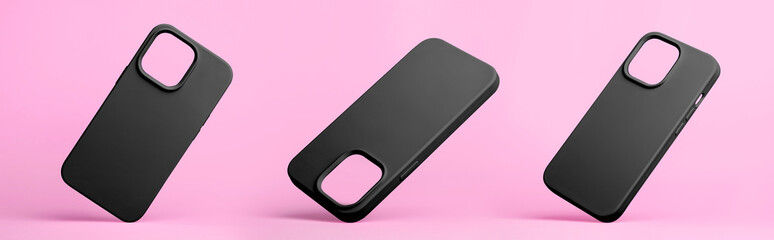 set of three smart phones in black silicone case falling down in different angles, back view isolated on grey background, phone case mockup