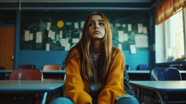 A young female student lost in thought, sitting in a classroom setting with her peers blurred in the background, reflecting a moment of introspection. concept of bullying among teenagers
