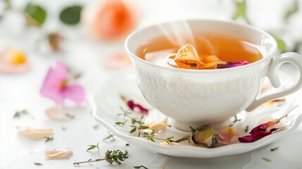 An elegant white tea cup envelops a blooming infusion, surrounded by delicate petals, creating a moment of refined tranquility and floral grace.