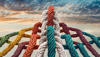 Buiness pulling together, networking, collaboration, ropes with knots, entanglements, untying knots, tight knot, stable knot, colored ropes tied into a knot