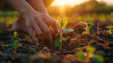 Close-up of hands planting a young tree in fertile soil, with the sun setting in the background. Generative AI.
