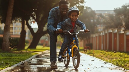 Father Teaching Son How to Ride a Bike - obrazy, fototapety, plakaty