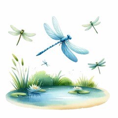 Dragonflies hovering over ponds. watercolor illustration, natural clipart. 