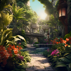 Beautiful tropical garden with plants and flowers. 3d render.