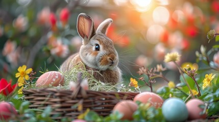 Fototapeta na wymiar Rabbit Sitting in Basket With Eggs