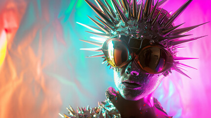A disco dancer with spiky mask and silver costume