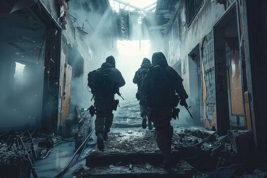 Small group of urban mercenaries in armed conflict inside of an abandoned place. Generative AI.