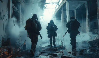Obraz premium Small group of urban mercenaries in armed conflict inside of an abandoned place. Generative AI.