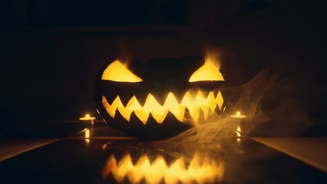A pumpkin with a lit candle inside, showcasing its carved open mouth, stands out in the darkness. The flickering light creates a spooky and atmospheric effect.