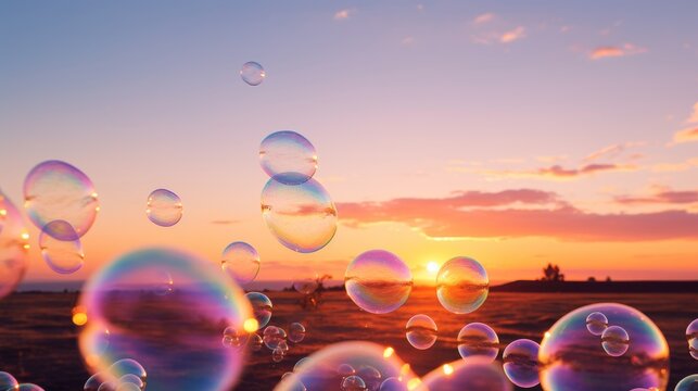Soap bubbles flying in the air with the sunset in the background