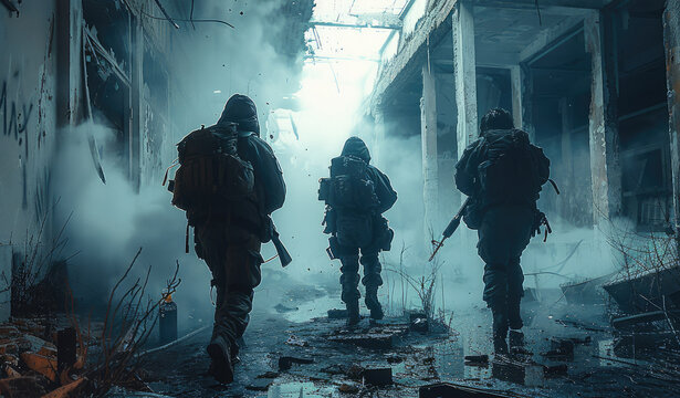 Small group of urban mercenaries in armed conflict inside of an abandoned place. Generative AI.