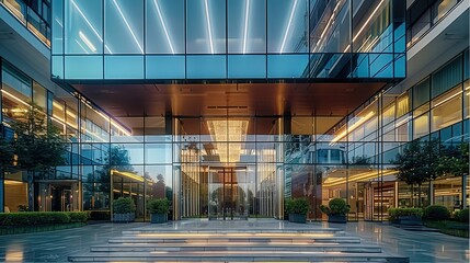 Entrance of three-story commercial building, building located at road intersection, The the building consists of several separate glass boxes. Generative AI. - obrazy, fototapety, plakaty