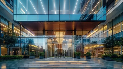 Entrance of three-story commercial building, building located at road intersection, The the building consists of several separate glass boxes. Generative AI.