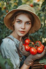 female farmer harvests tomatoes close-up
