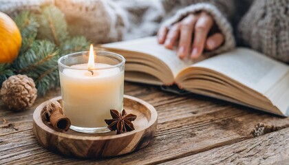 cozy autumn or winter composition with aromatic candle wool sweater aromatherapy home atmosphere of cosiness and relax woman reading a book wooden background close up