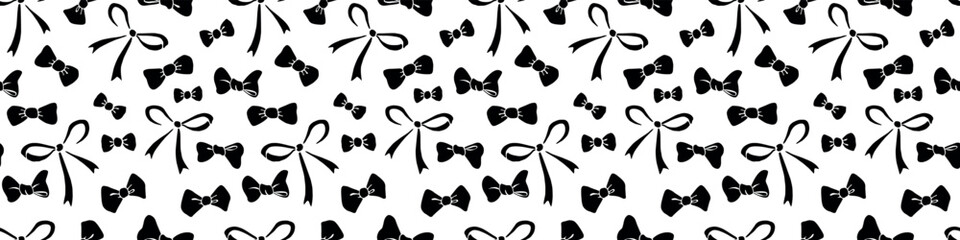 Fototapeta premium Seamless pattern with small black flat bows, ribbons. Cute fun simple abstract vector background, texture for fabric, wrapping paper, girls design